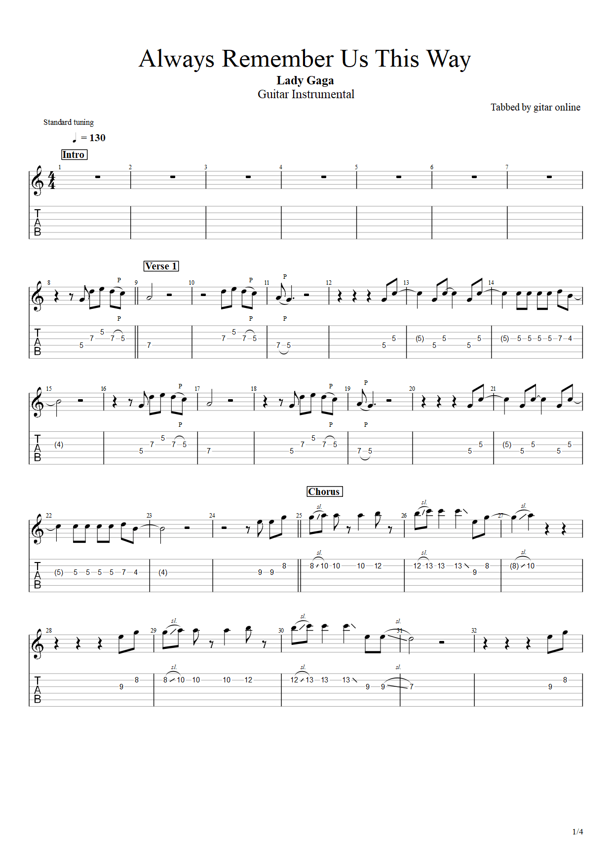 Always Remember Us This Way – Lady Gaga (Electric Guitar) PDF
