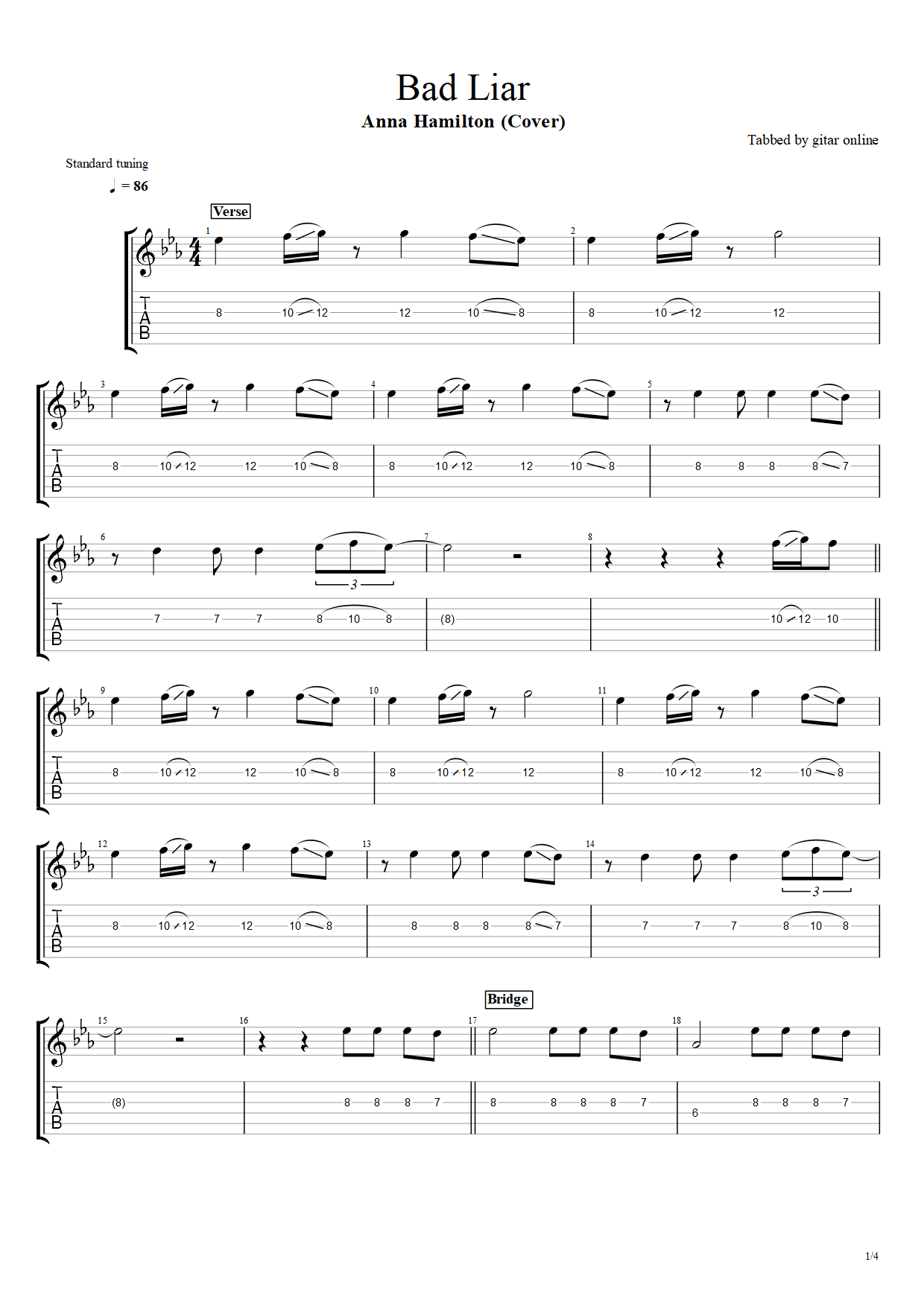 Bad Liar – Anna Hamilton (Electric Guitar) PDF