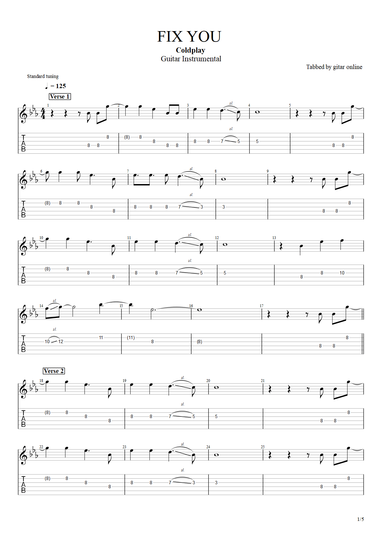 FIX YOU – Coldplay (Electric Guitar) PDF